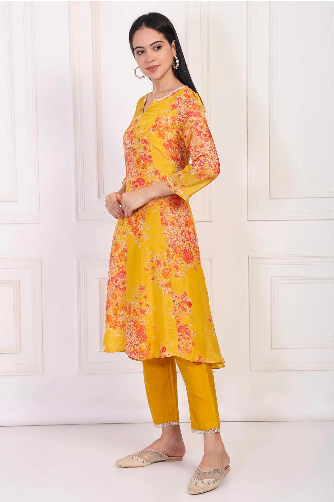 Yellow Floral Printed Beaded A-Line Tissue Kurta with Straight Pant Set in Germany