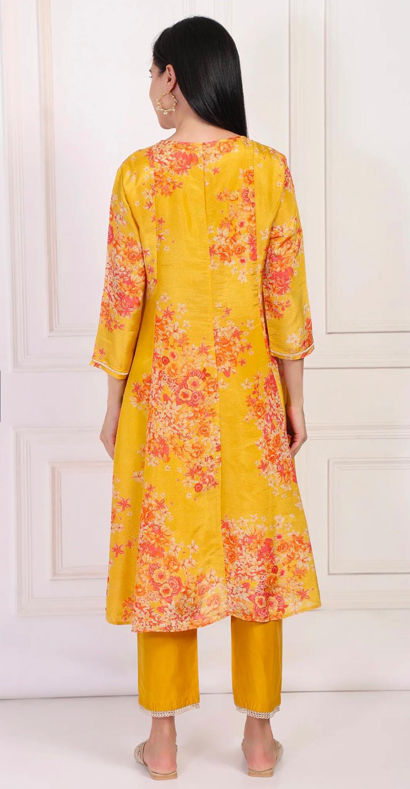 Yellow Floral Printed Beaded A-Line Tissue Kurta with Straight Pant Set in Germany