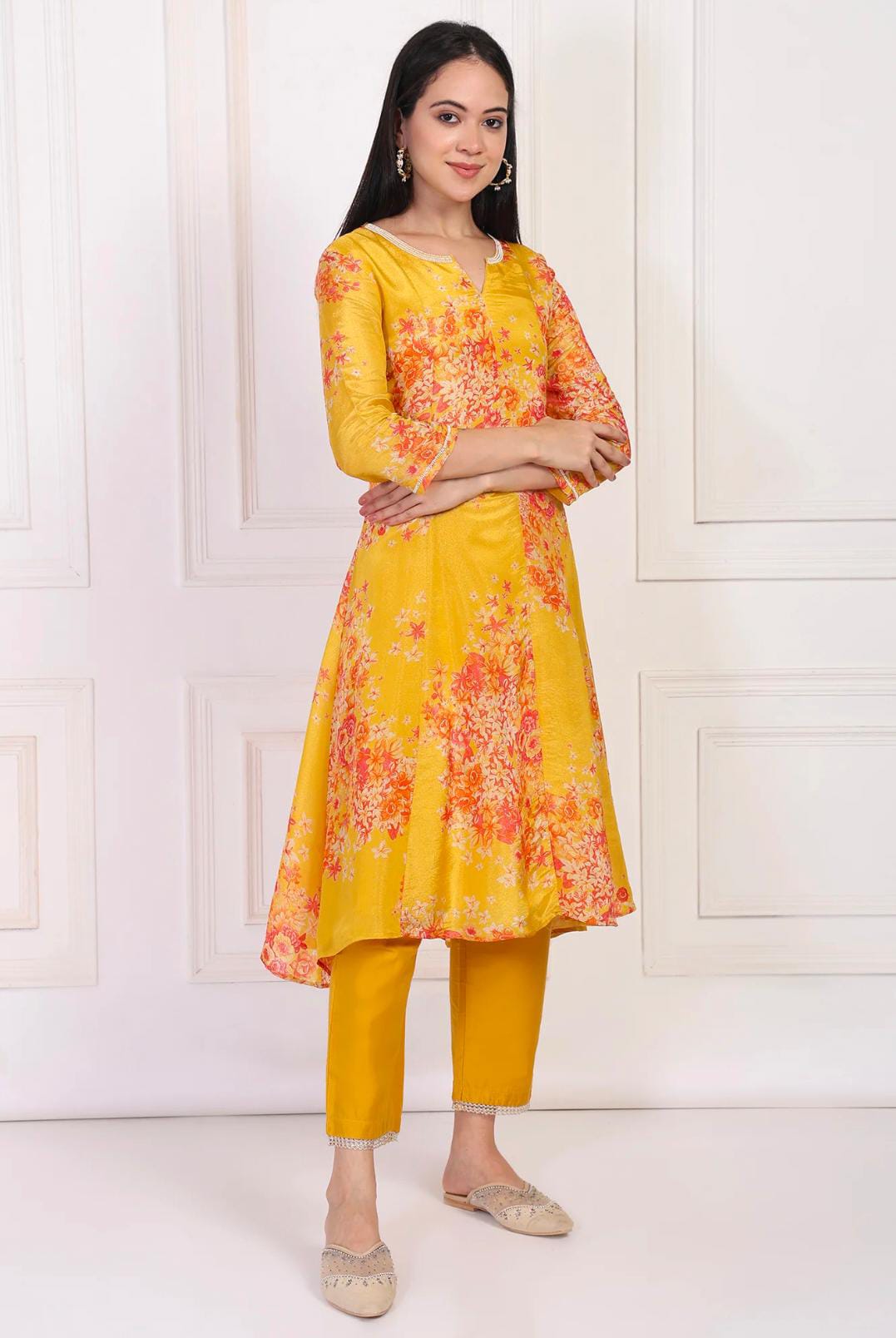 Yellow Floral Printed Beaded A-Line Tissue Kurta with Straight Pant Set in Germany
