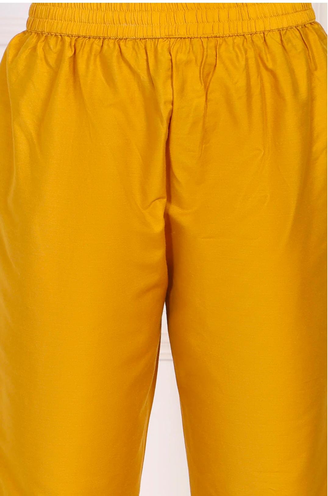 Yellow Floral Printed Beaded A-Line Tissue Kurta with Straight Pant Set in Germany