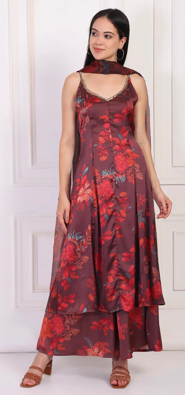 Maroon Floral Printed Sequined A-Line Satin Kurta with Flared Pant and Dupatta Set in Germany