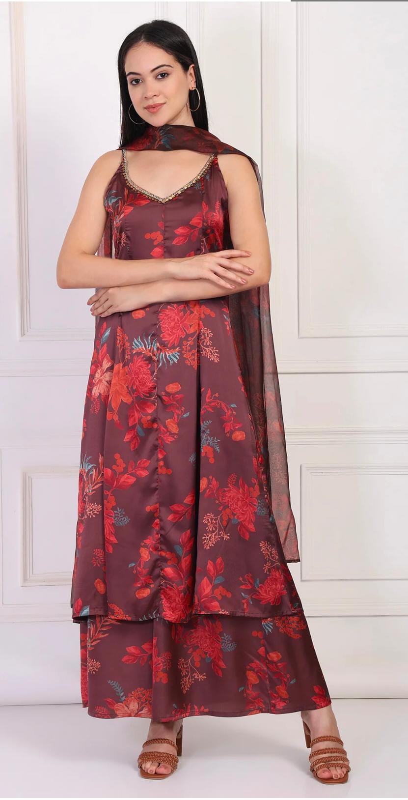Maroon Floral Printed Sequined A-Line Satin Kurta with Flared Pant and Dupatta Set in Germany