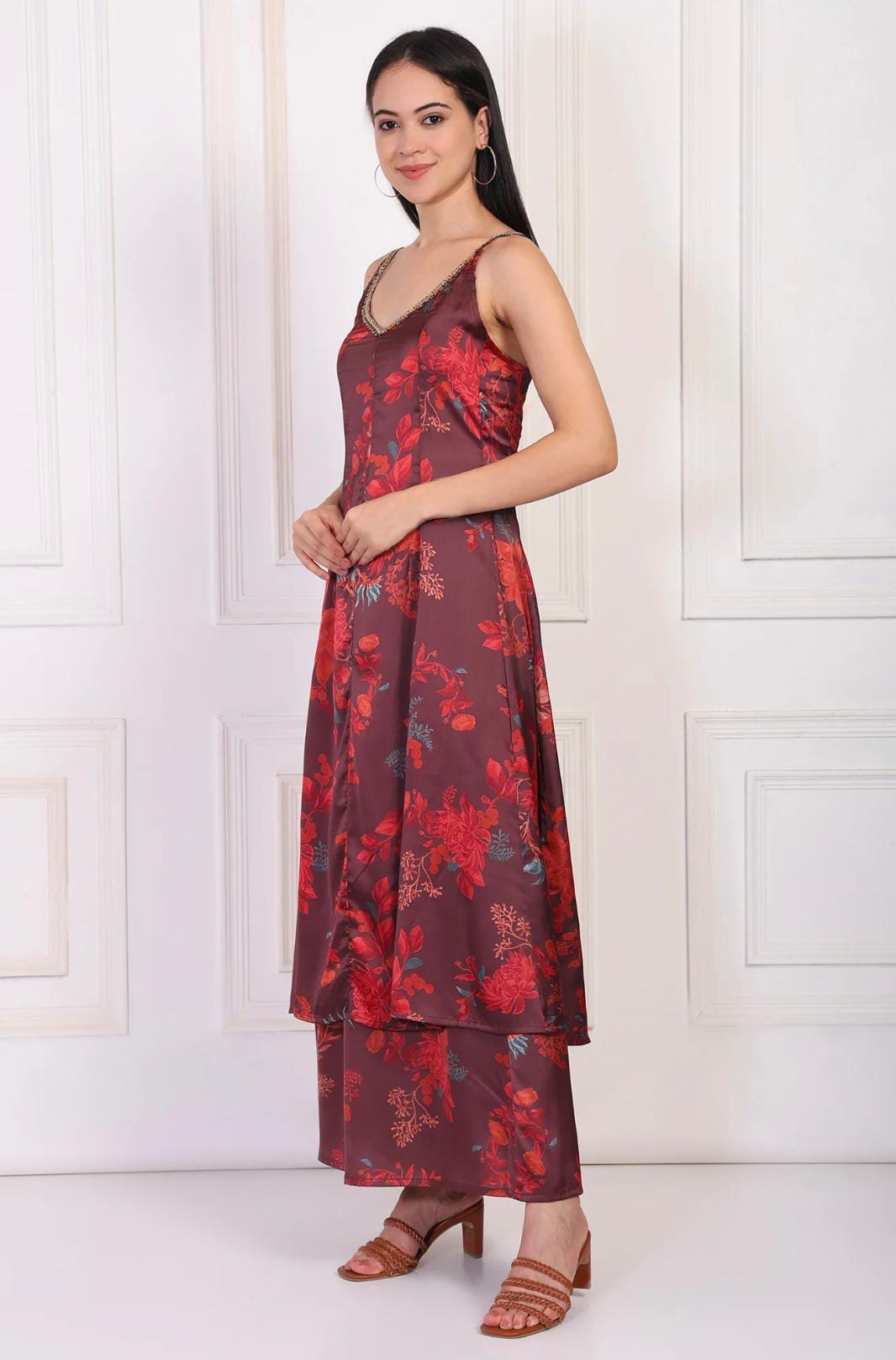 Maroon Floral Printed Sequined A-Line Satin Kurta with Flared Pant and Dupatta Set in Germany