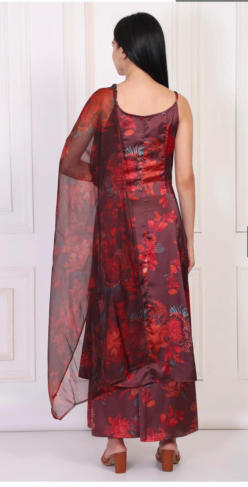 Maroon Floral Printed Sequined A-Line Satin Kurta with Flared Pant and Dupatta Set in Germany