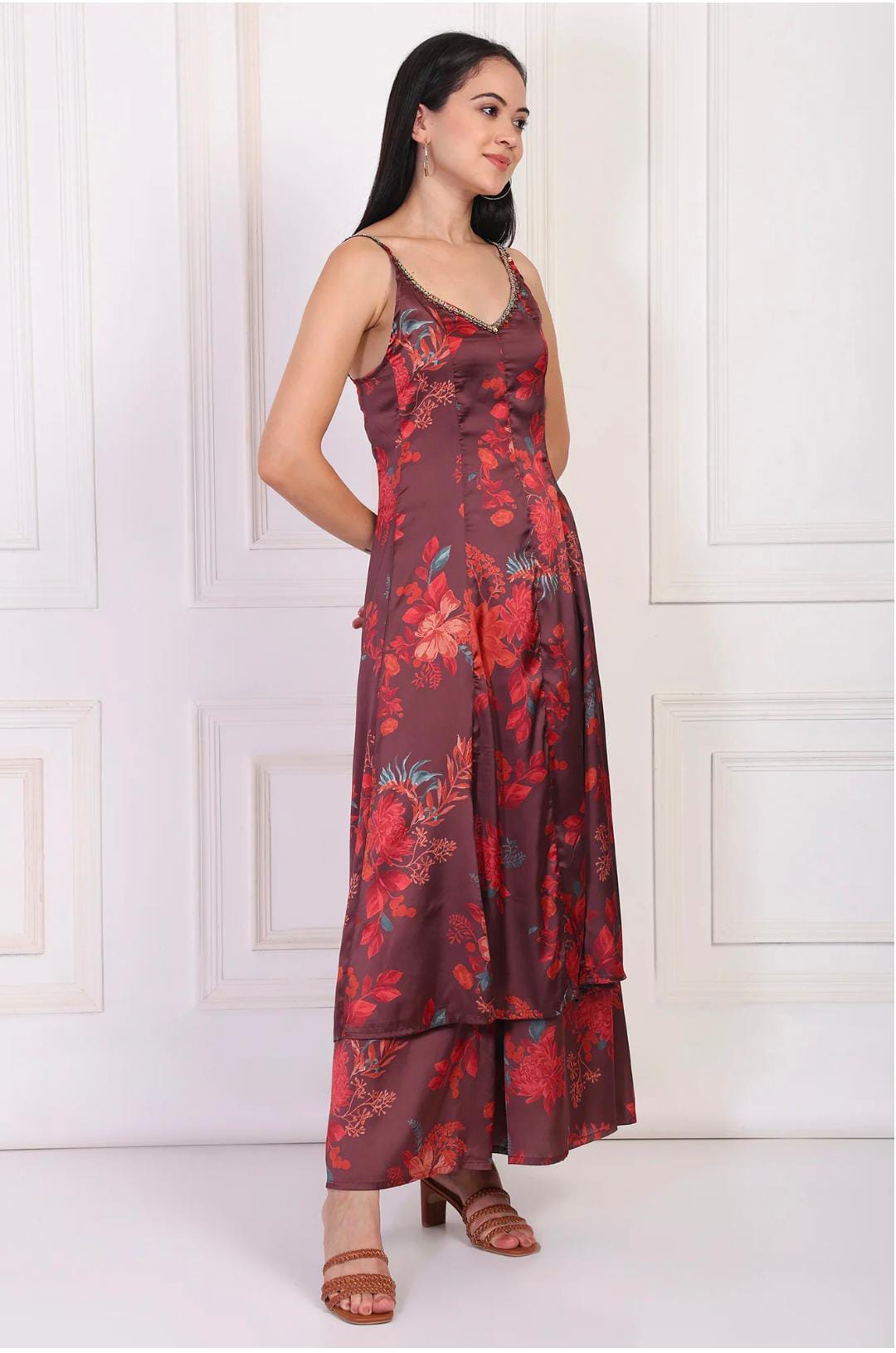 Maroon Floral Printed Sequined A-Line Satin Kurta with Flared Pant and Dupatta Set in Germany