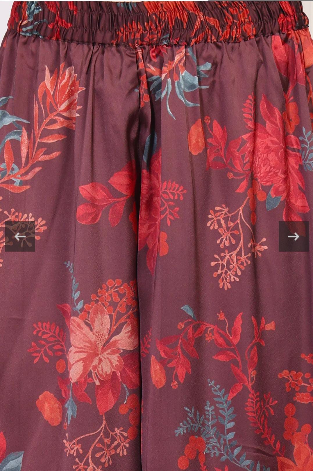 Maroon Floral Printed Sequined A-Line Satin Kurta with Flared Pant and Dupatta Set in Germany
