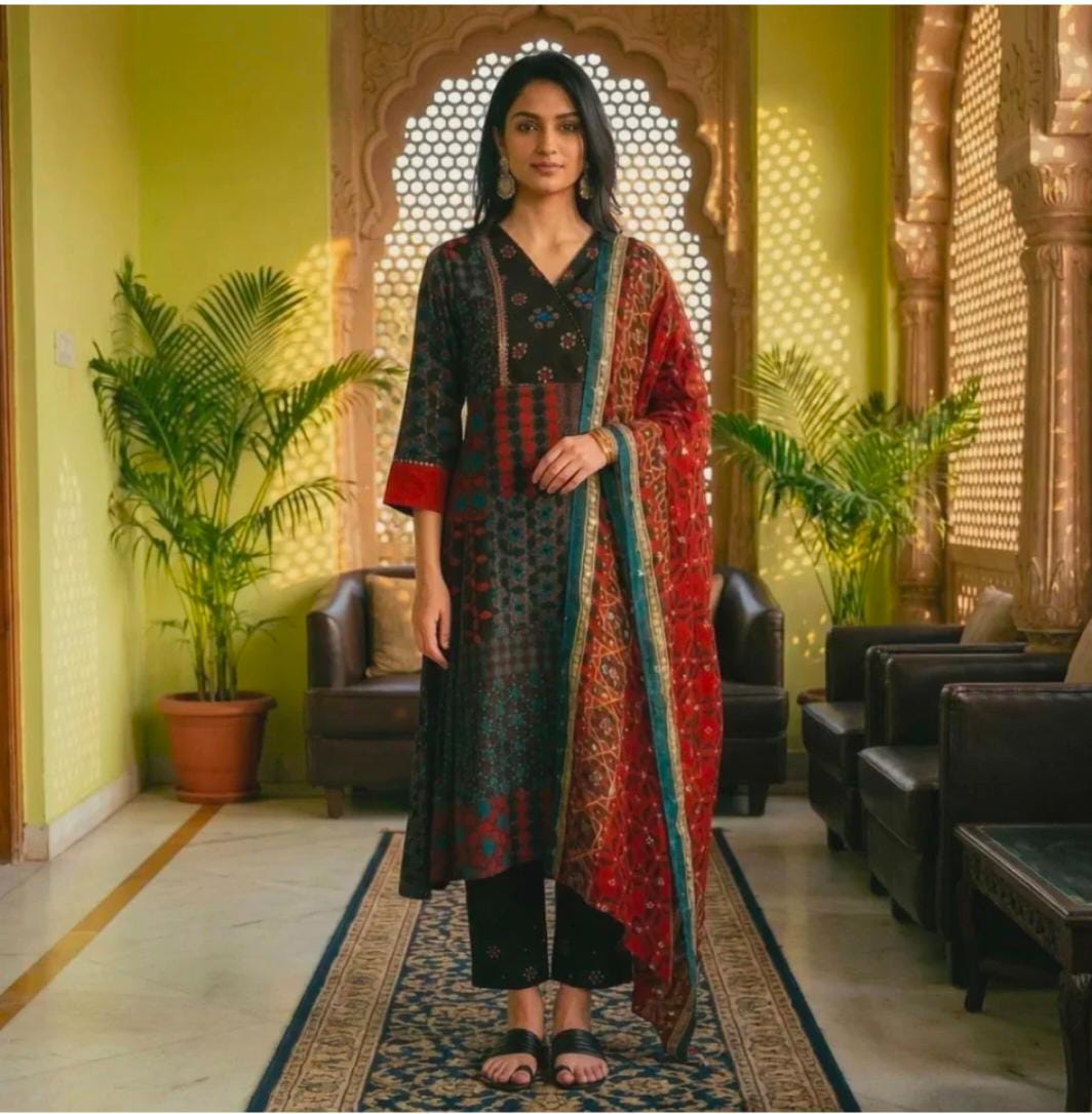 Black Multi-Coloured Patch Printed Metallic Embroidered A-Line Kurta, Pants And Dupatta Set in Germany