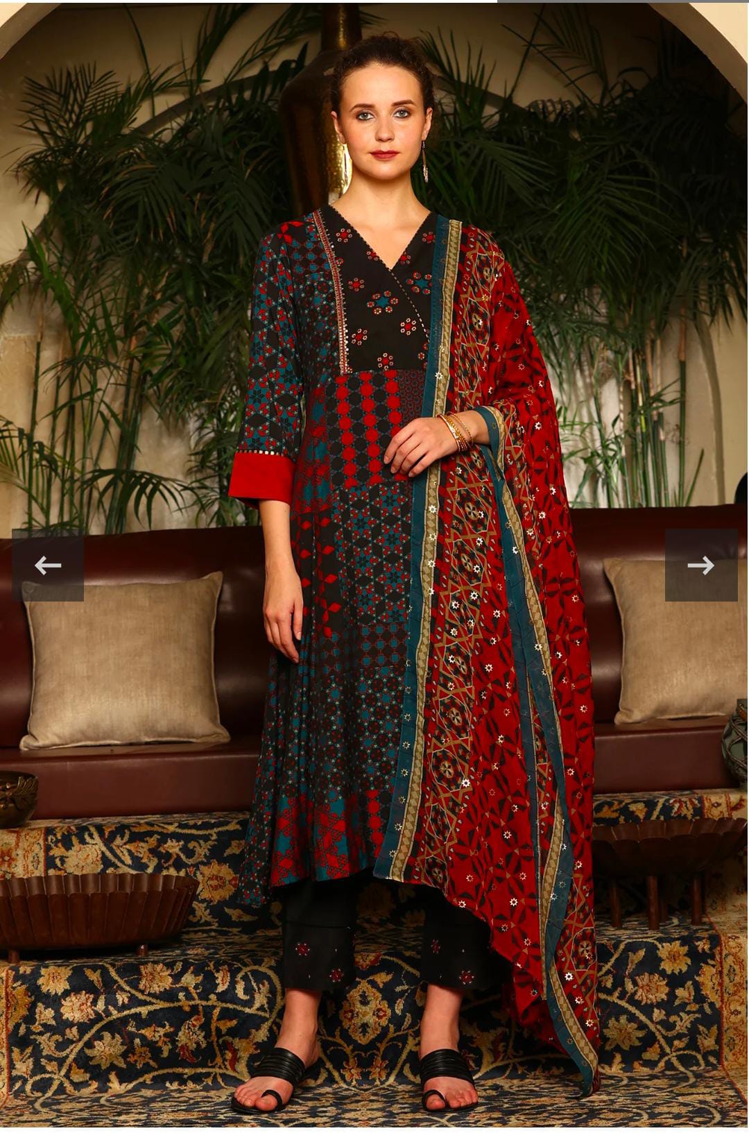 Black Multi-Coloured Patch Printed Metallic Embroidered A-Line Kurta, Pants And Dupatta Set in Germany