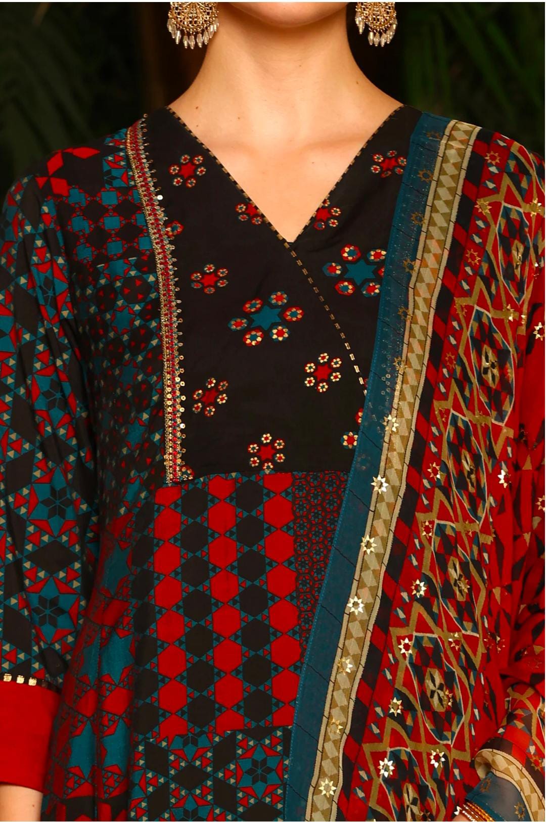 Black Multi-Coloured Patch Printed Metallic Embroidered A-Line Kurta, Pants And Dupatta Set in Germany