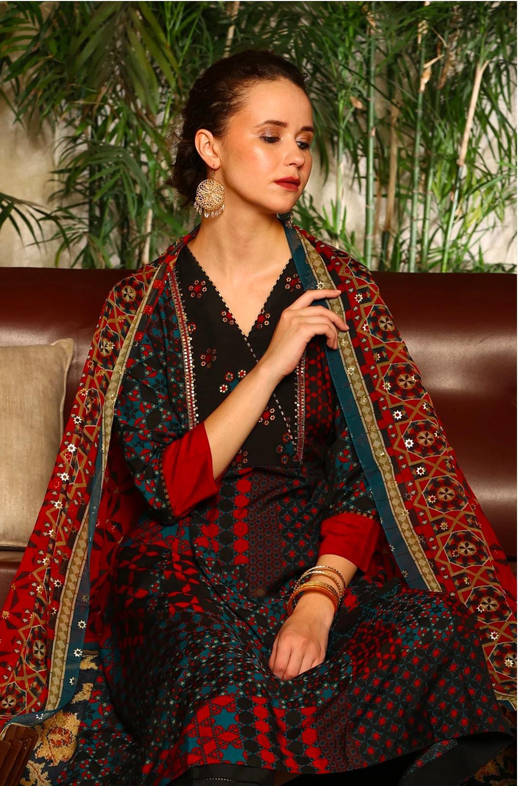 Black Multi-Coloured Patch Printed Metallic Embroidered A-Line Kurta, Pants And Dupatta Set in Germany