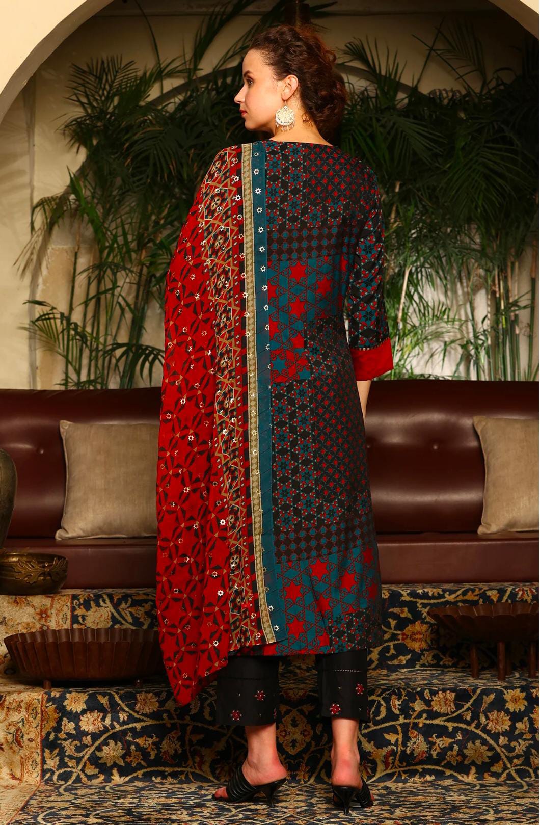 Black Multi-Coloured Patch Printed Metallic Embroidered A-Line Kurta, Pants And Dupatta Set in Germany