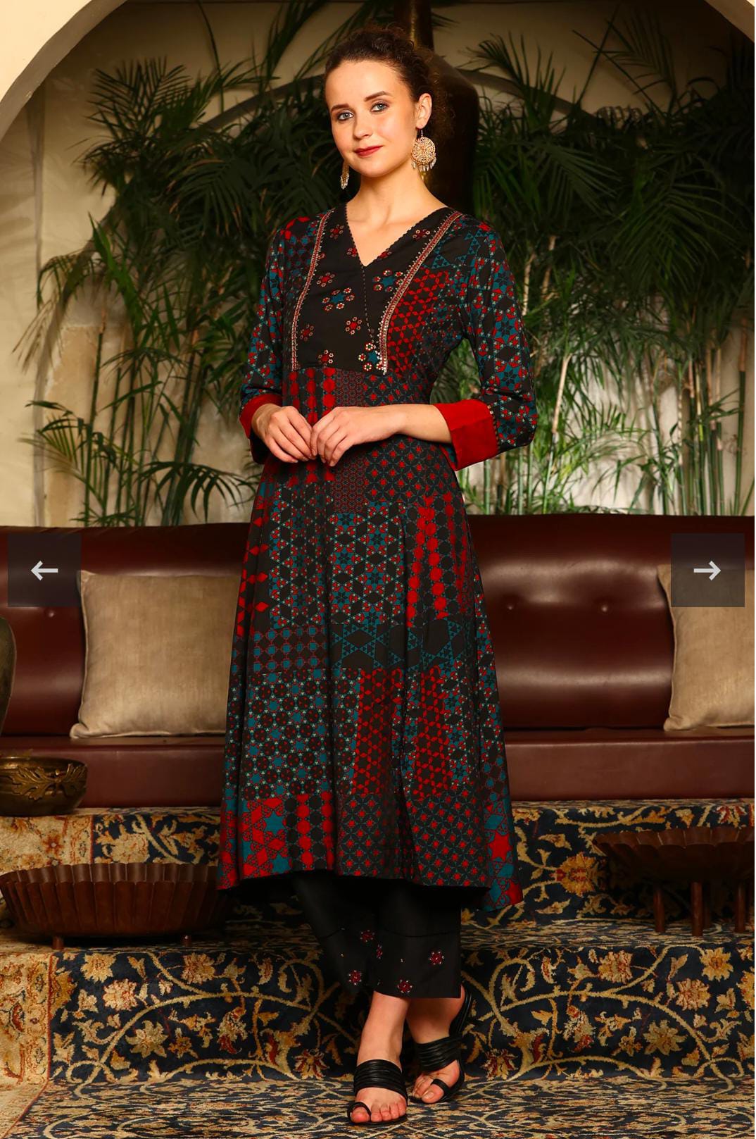 Black Multi-Coloured Patch Printed Metallic Embroidered A-Line Kurta, Pants And Dupatta Set in Germany