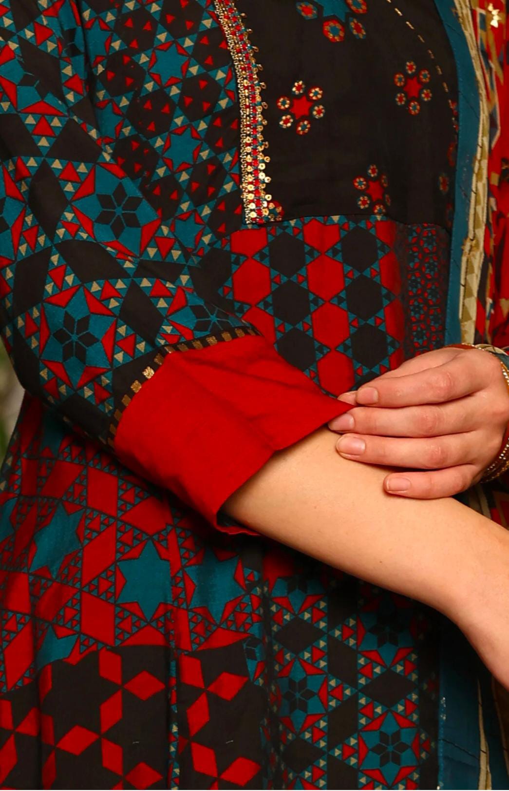 Black Multi-Coloured Patch Printed Metallic Embroidered A-Line Kurta, Pants And Dupatta Set in Germany