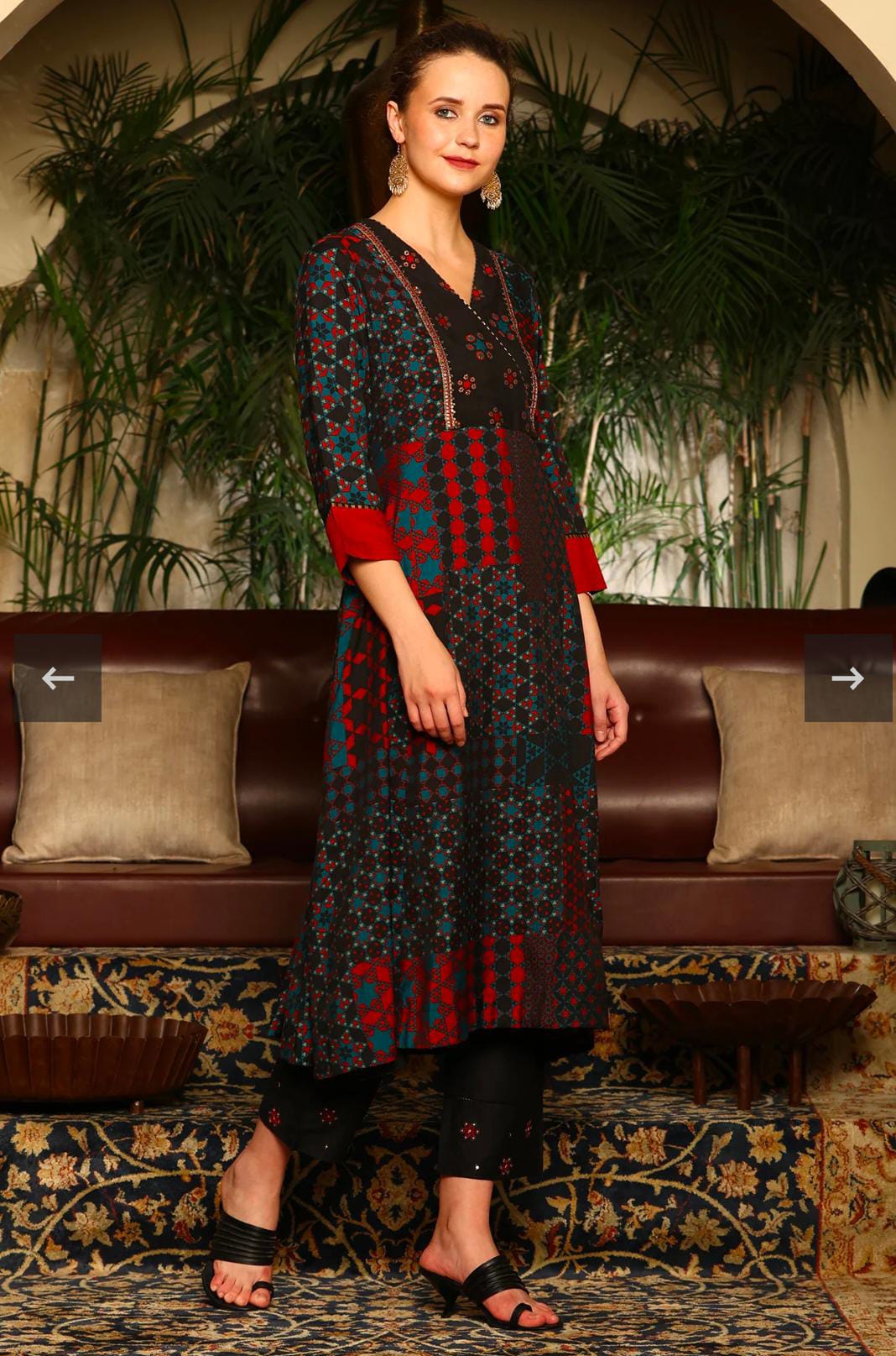 Black Multi-Coloured Patch Printed Metallic Embroidered A-Line Kurta, Pants And Dupatta Set in Germany