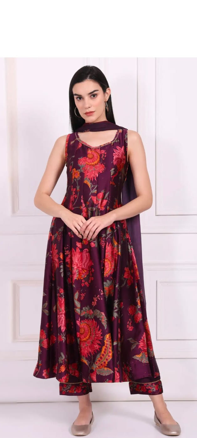 Purple Satin Floral Suit Set in Germany
