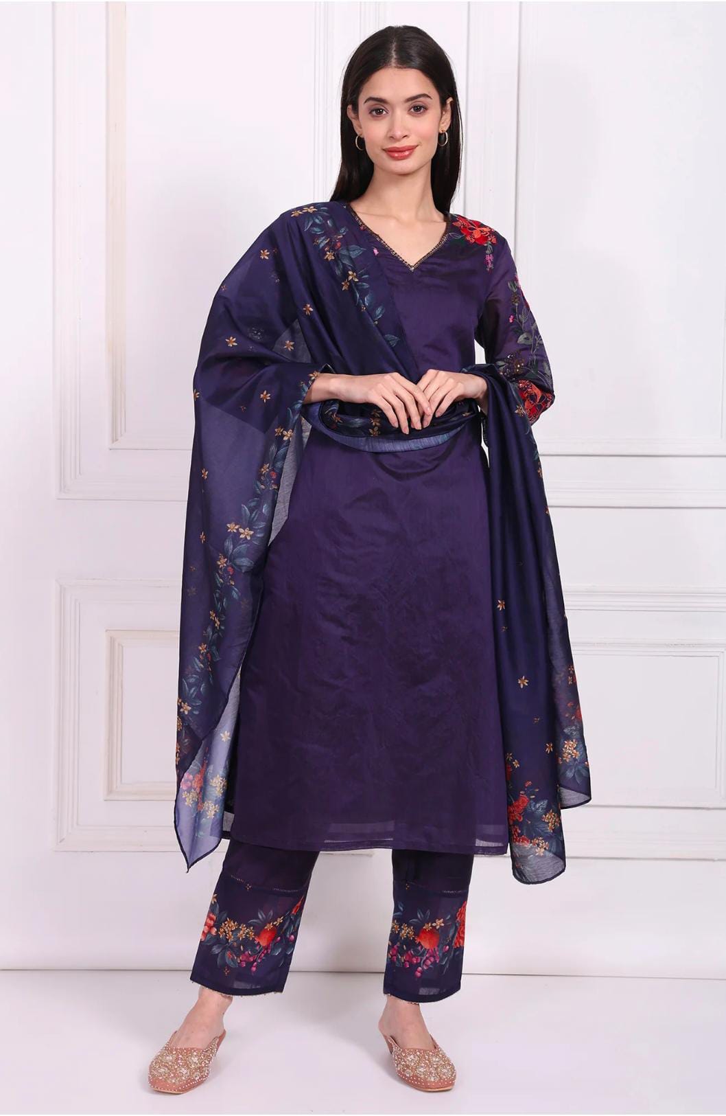 Purple Embroidered Straight Kurta with Straight Pant and Dupatta Set in Germany