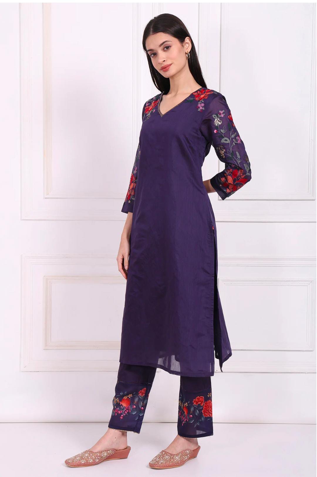 Purple Embroidered Straight Kurta with Straight Pant and Dupatta Set in Germany