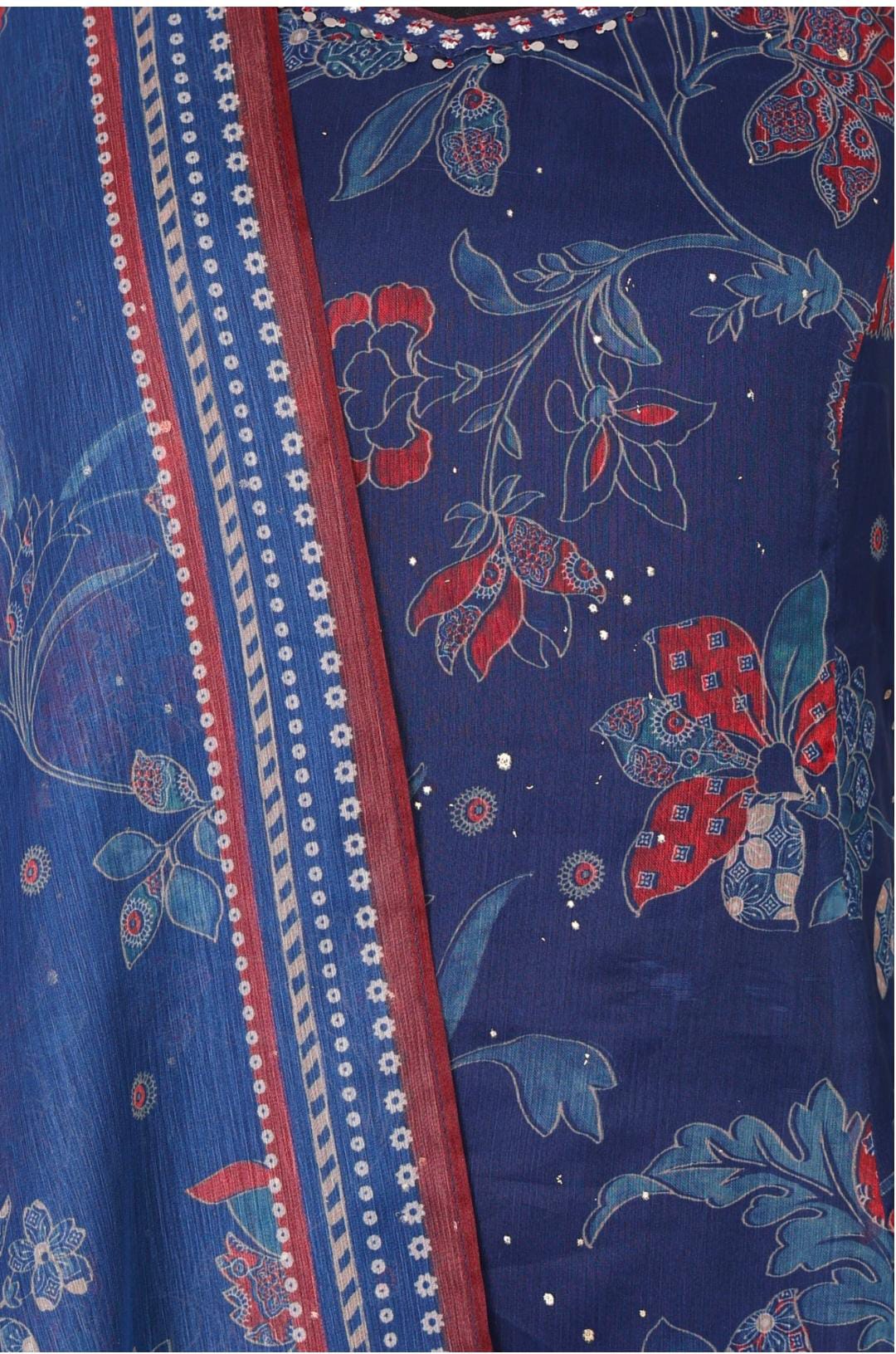 Navy Blue Floral Printed Chiffon Noodle Straps Straight Kurta with Sharara and Dupatta Set in Germany