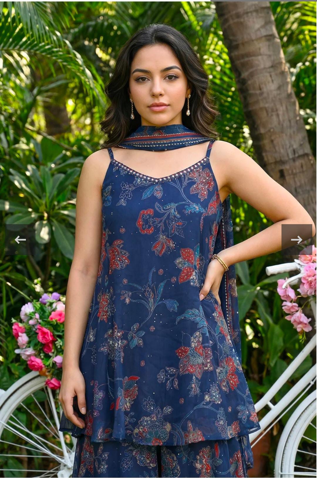 Navy Blue Floral Printed Chiffon Noodle Straps Straight Kurta with Sharara and Dupatta Set in Germany
