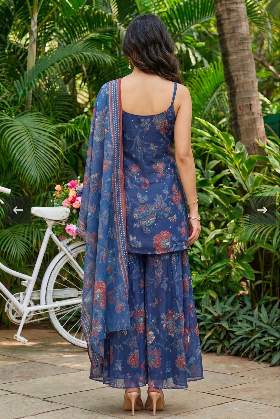 Navy Blue Floral Printed Chiffon Noodle Straps Straight Kurta with Sharara and Dupatta Set in Germany