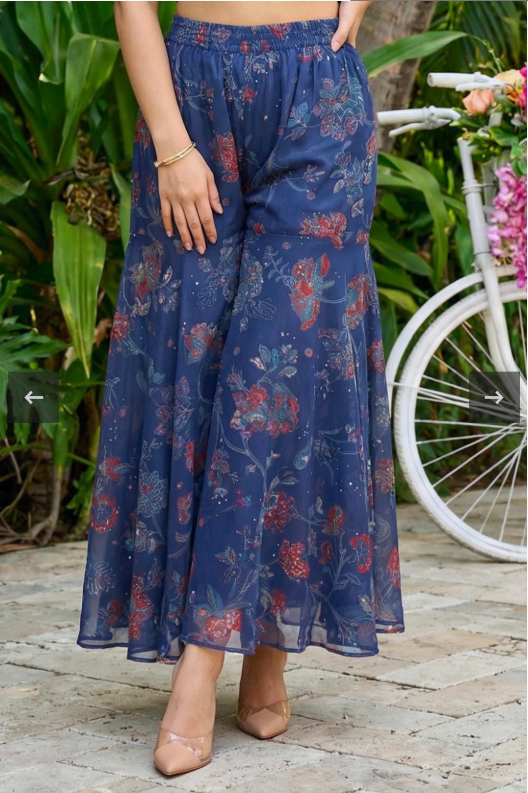 Navy Blue Floral Printed Chiffon Noodle Straps Straight Kurta with Sharara and Dupatta Set in Germany