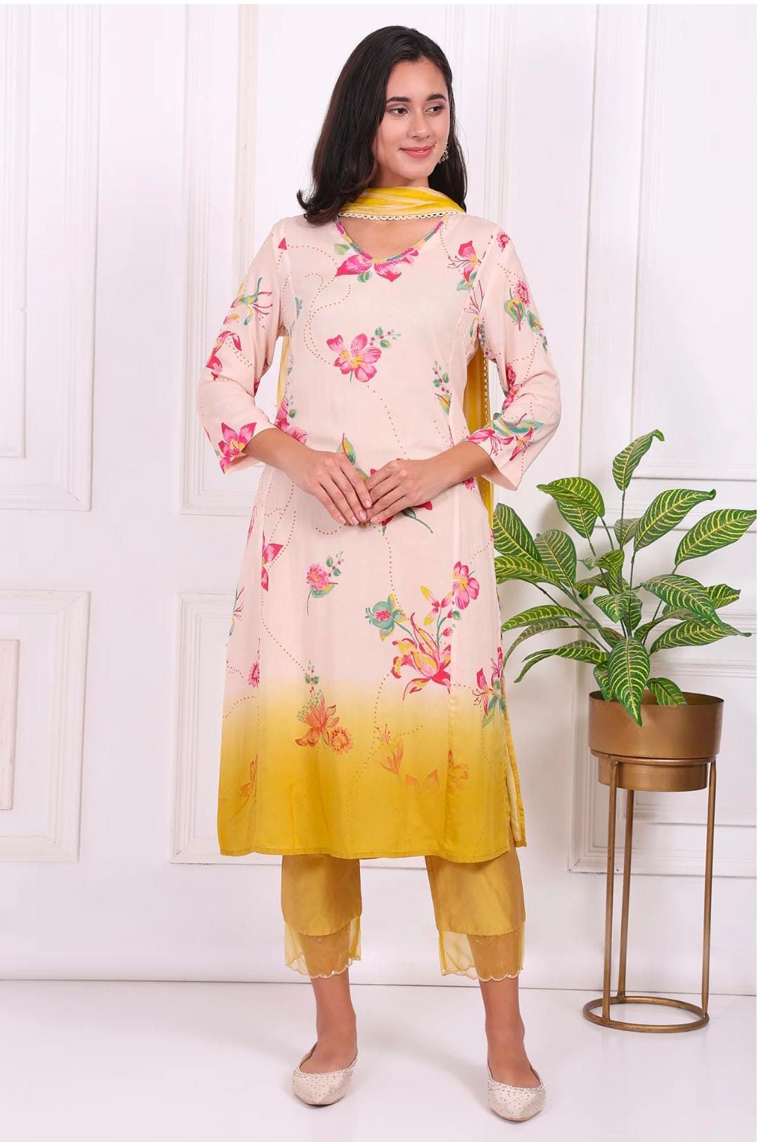 Off-White Floral Printed Modal A-Line Kurta with Straight Pant and Dupatta in Berlin