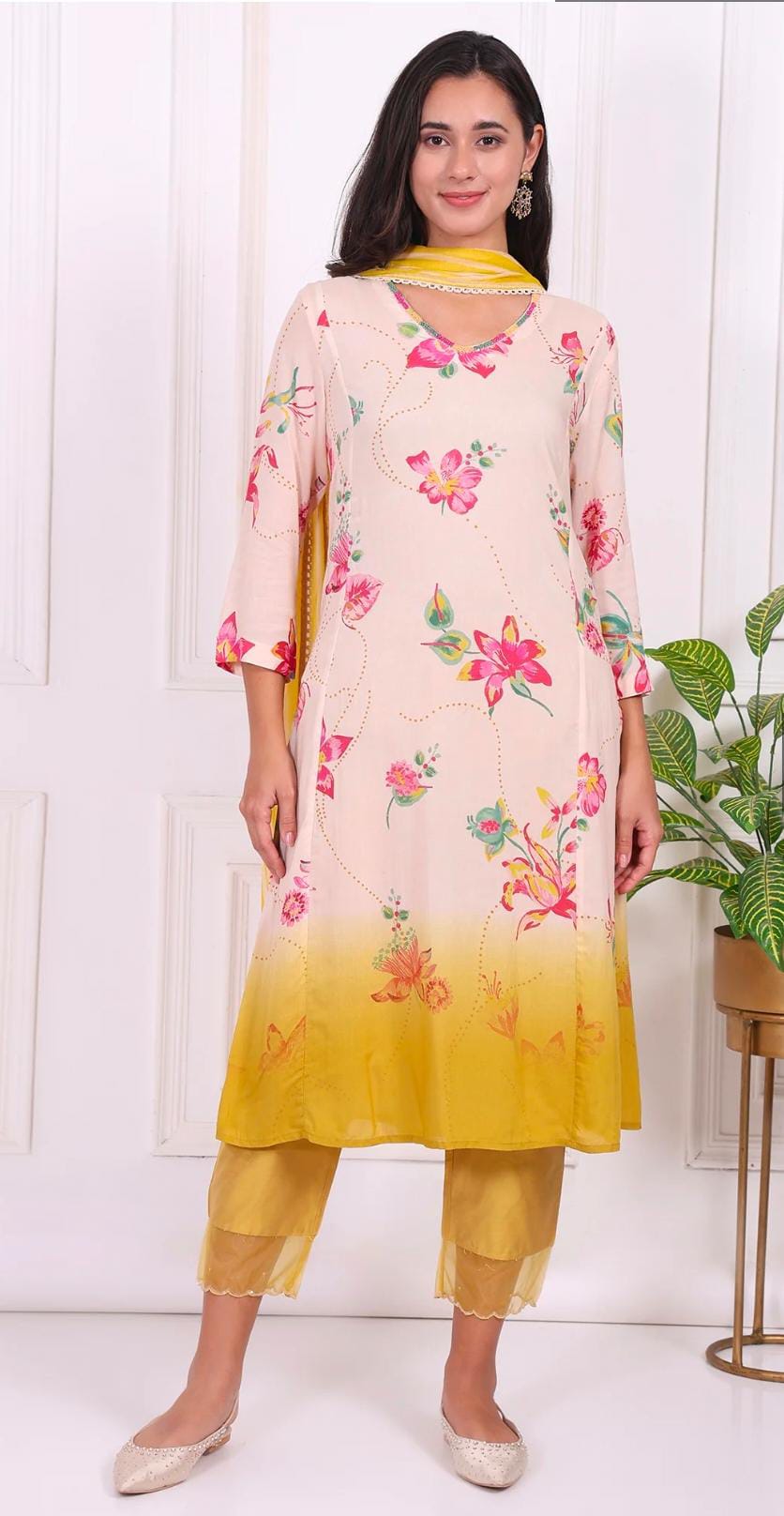 Off-White Floral Printed Modal A-Line Kurta with Straight Pant and Dupatta in Berlin