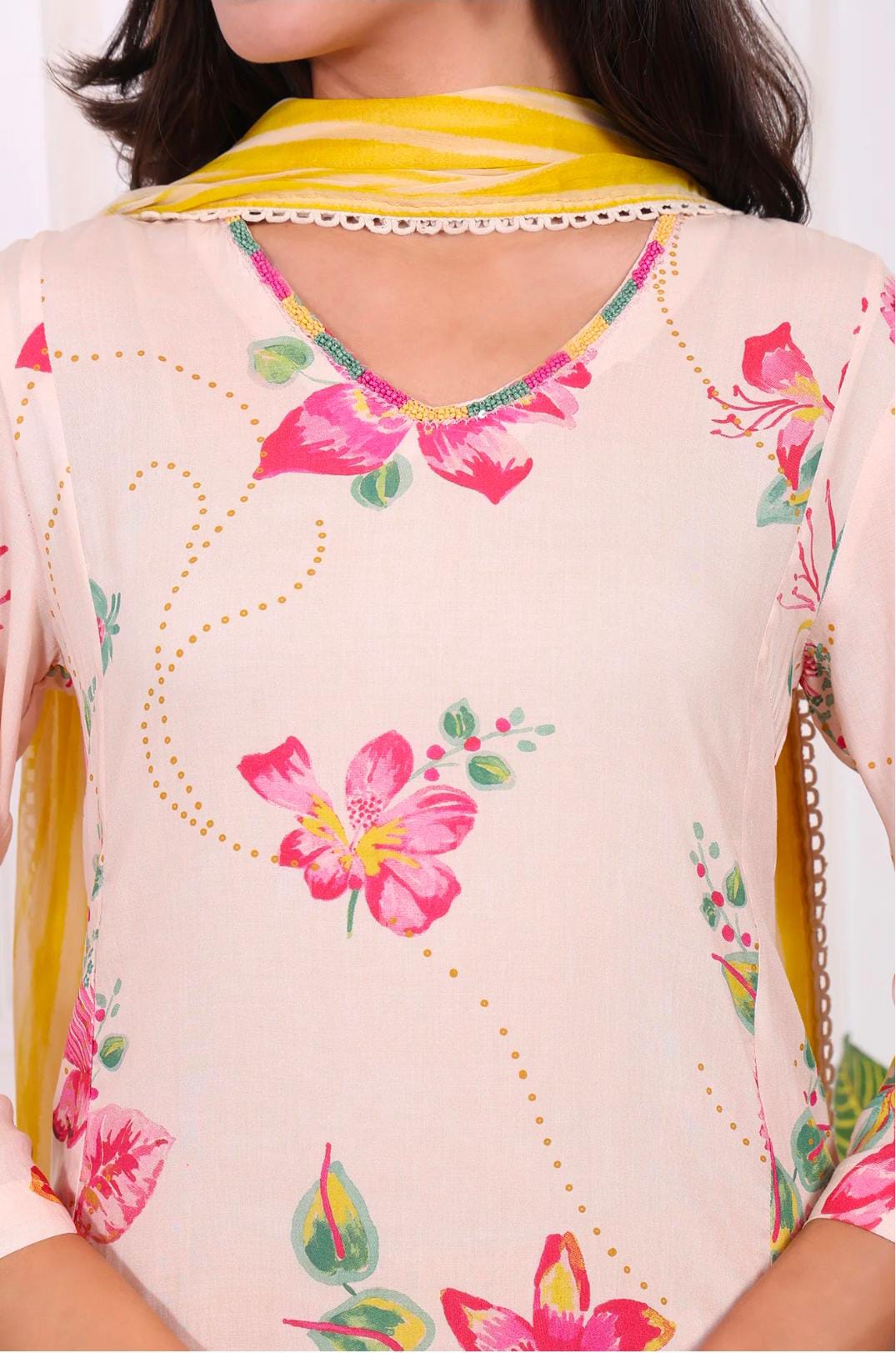 Off-White Floral Printed Modal A-Line Kurta with Straight Pant and Dupatta in Berlin