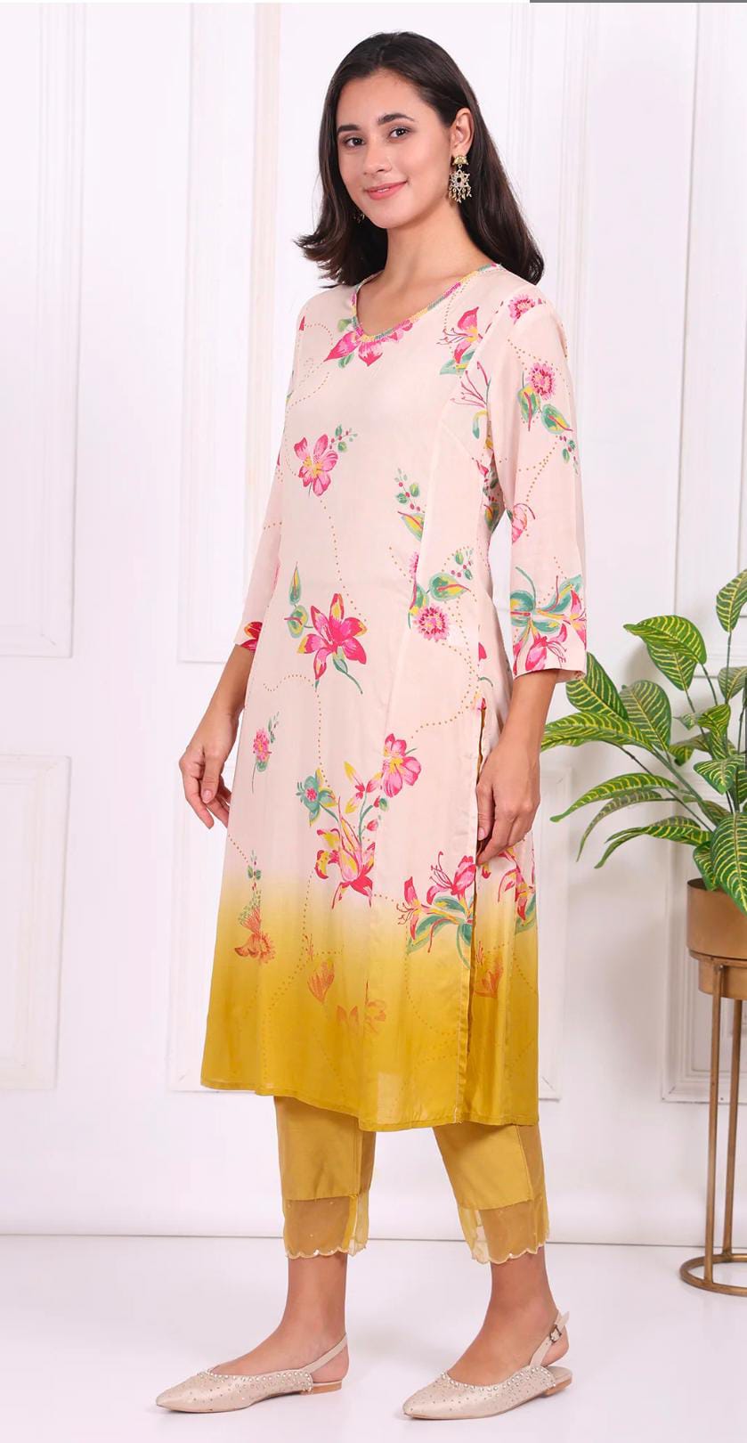 Off-White Floral Printed Modal A-Line Kurta with Straight Pant and Dupatta in Berlin