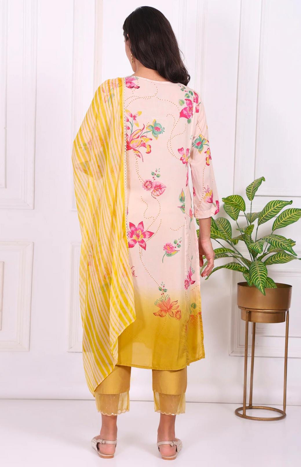 Off-White Floral Printed Modal A-Line Kurta with Straight Pant and Dupatta in Berlin