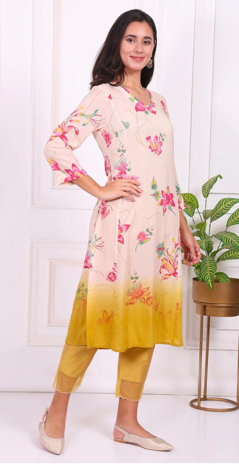 Off-White Floral Printed Modal A-Line Kurta with Straight Pant and Dupatta in Berlin