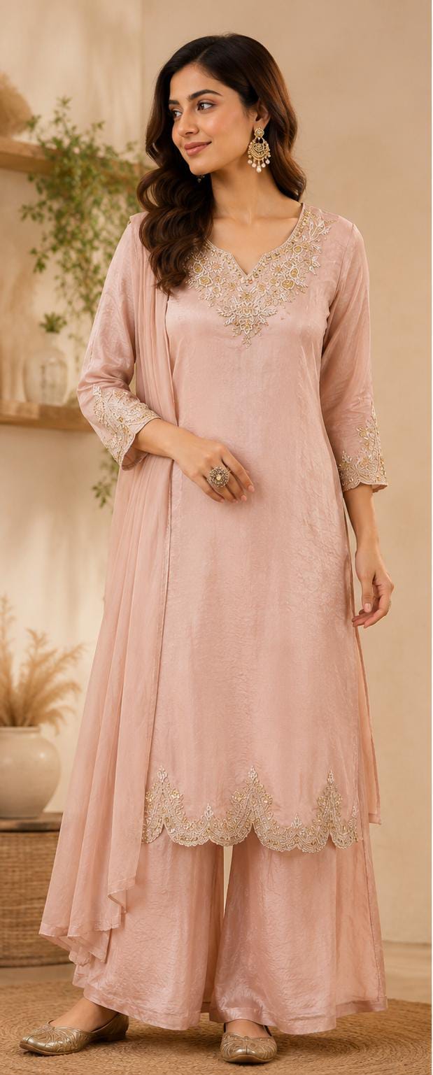 Dusty Pink Embroidered Crepe Palazzo Suit Set in Germany