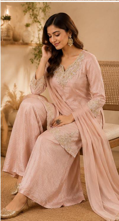 Dusty Pink Embroidered Crepe Palazzo Suit Set in Germany