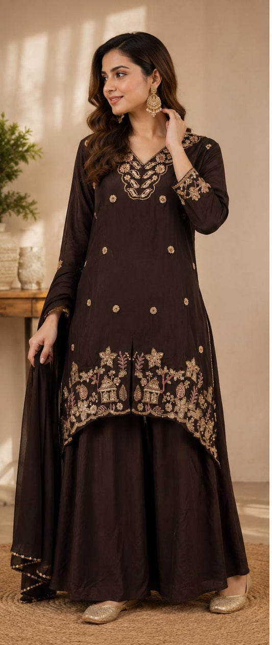 Coffee Brown Crepe Embroidered Sharara Suit with Moti Work in Germany