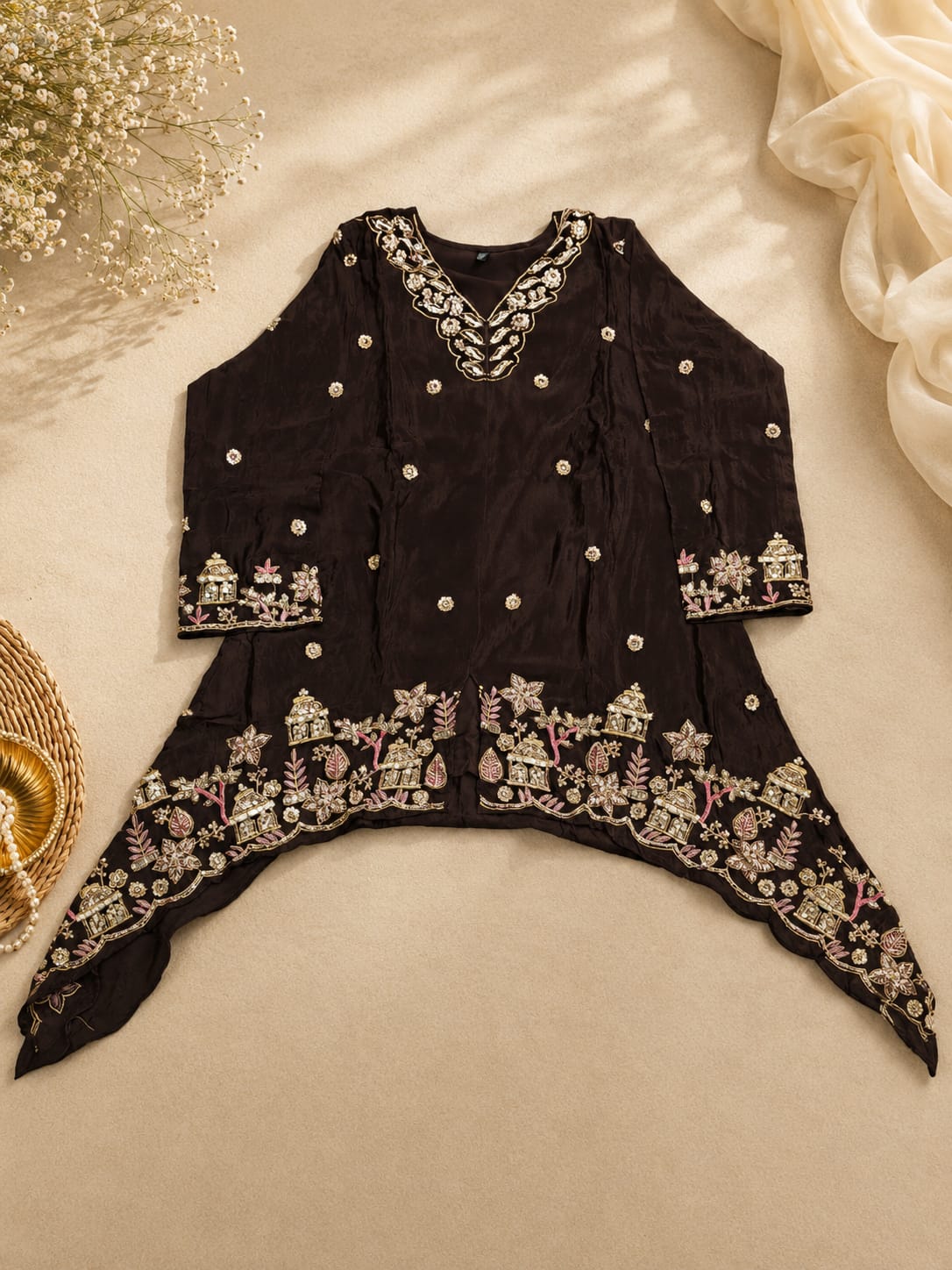 Coffee Brown Crepe Embroidered Sharara Suit with Moti Work in Germany