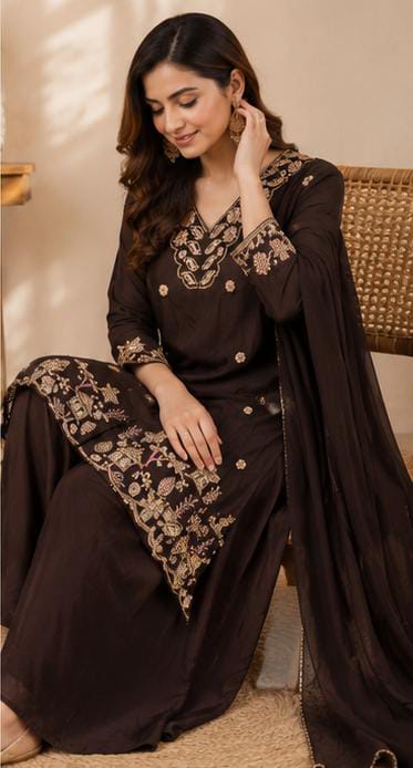 Coffee Brown Crepe Embroidered Sharara Suit with Moti Work in Germany