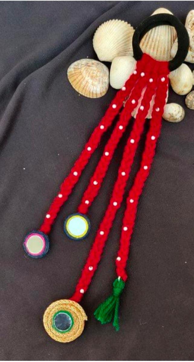 Handmade Red Woolen Hair Accessory with Mirror Work and Beads Rubber band in Germany