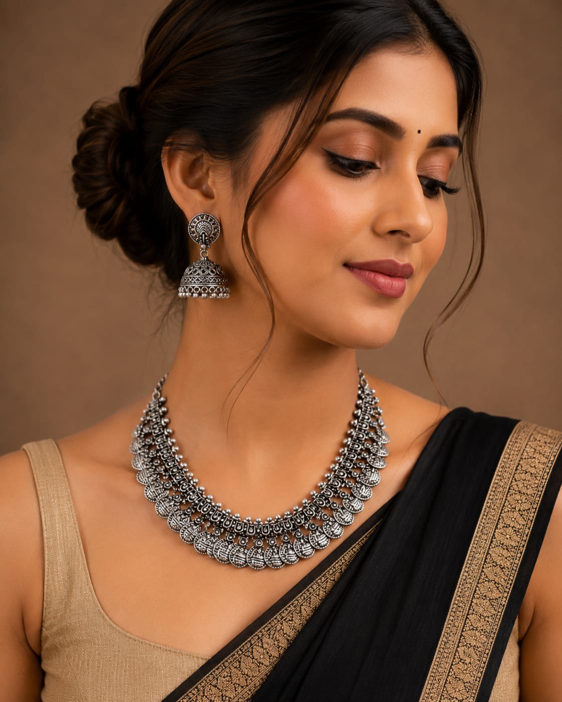 Antique Oxidized Silver Choker Necklace with Matching Jhumka Earrings Set in Germany