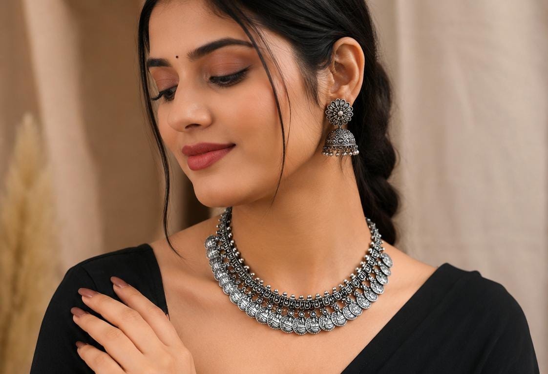 Ethnic Antique Oxidized Silver Coin Choker Necklace with Matching Jhumka Earrings Set in Germany