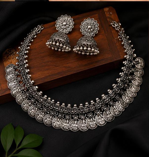 Ethnic Antique Oxidized Silver Coin Choker Necklace with Matching Jhumka Earrings Set in Germany