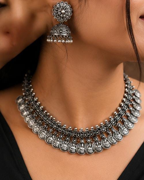 Ethnic Antique Oxidized Silver Coin Choker Necklace with Matching Jhumka Earrings Set in Germany