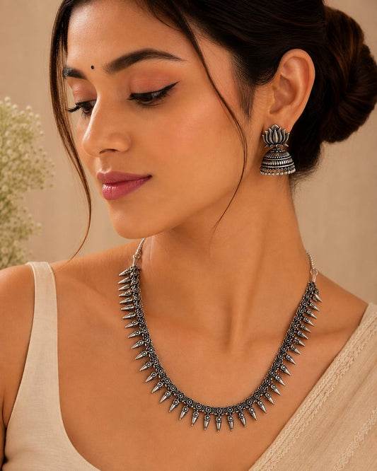 Elegant Oxidized Silver Spiked Tribal Necklace and Jhumka Earring Set in Germany