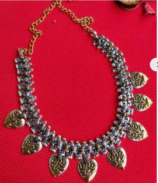 Ethnic Dual-Tone Silver Oxidized Choker Necklace with Leaf/Heart Engraved Charms in Germany
