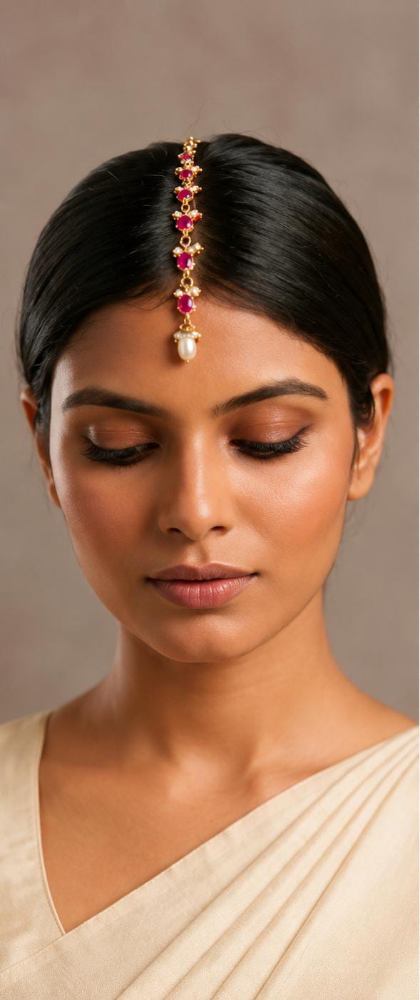 Gold Maang Tikka with Rubies and Pearl Drop in Germany