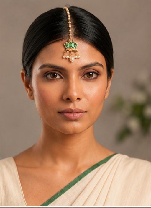 Traditional Green Enamel Lotus Maang Tikka with Pearl Drops in Germany