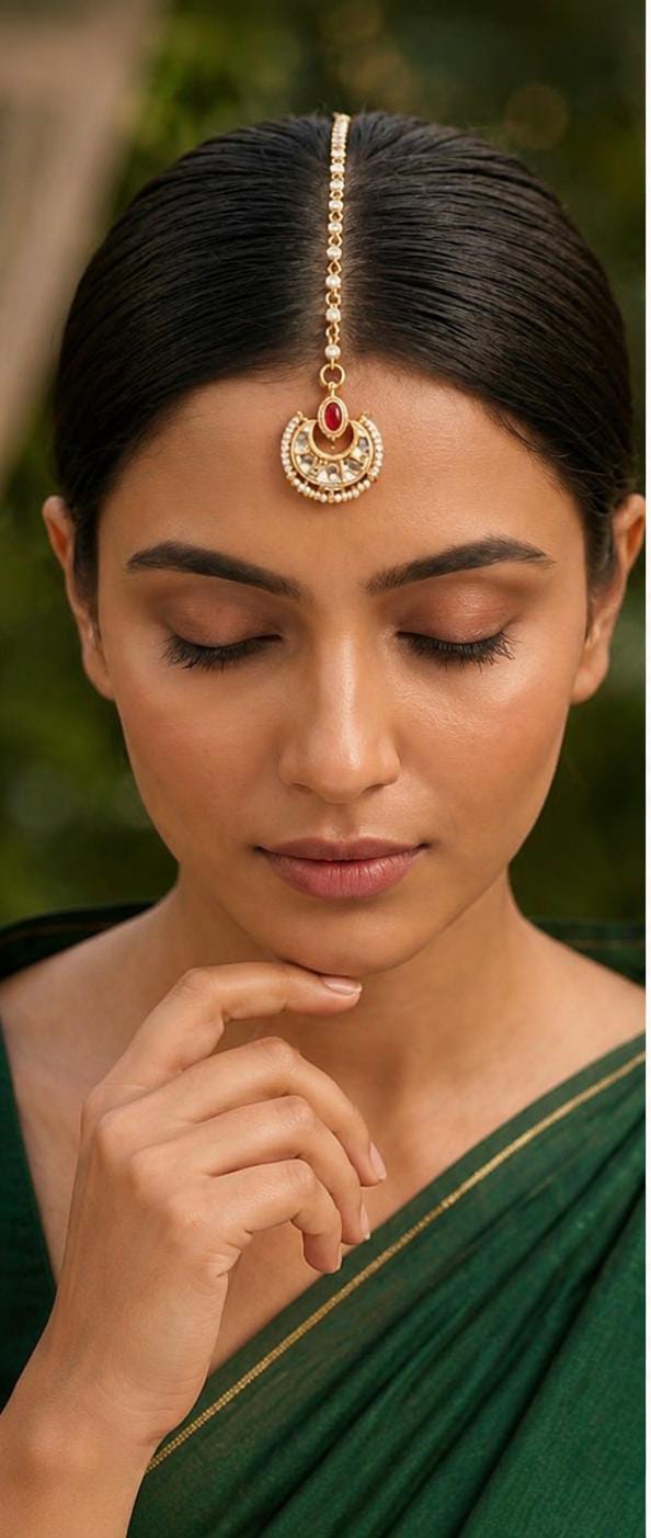 Gold-Plated Crescent Kundan Maang Tikka with Pearl and Ruby Accents in Germany