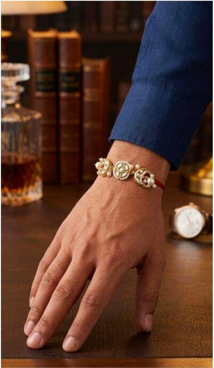 Elegant Traditional Kundan Rakhi on Brother's Wrist in Germany