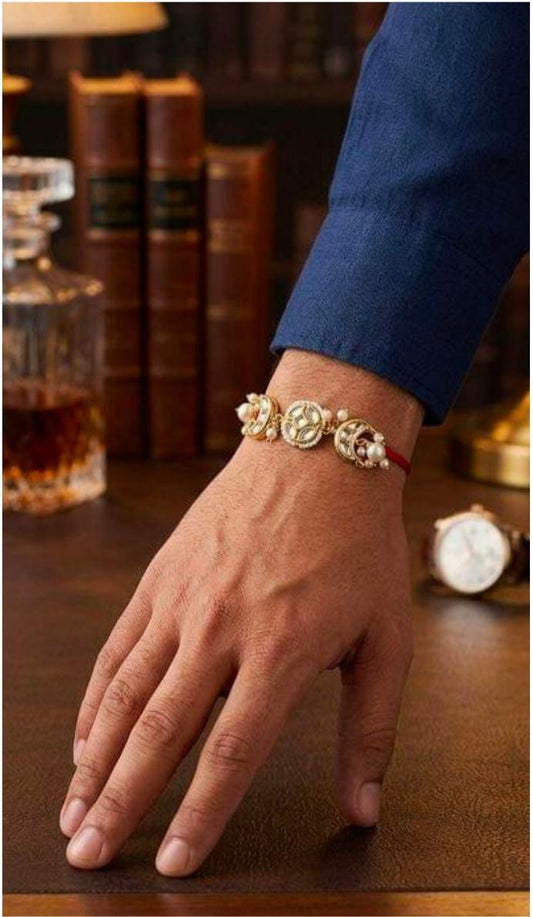 Elegant Traditional Kundan Rakhi on Brother's Wrist in Germany