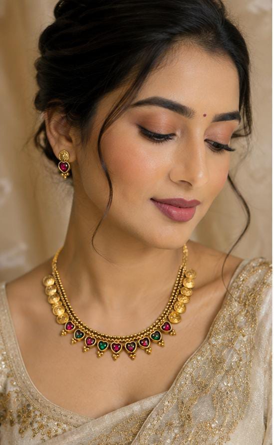 Antique Gold Finish Traditional Elakkathali Coin Necklace Set with Kemp Accents Earrings in Germany
