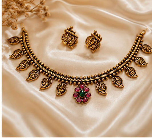Traditional Antique Gold Lakshmi Coin Choker Set - Neha Couture Indian Fashion